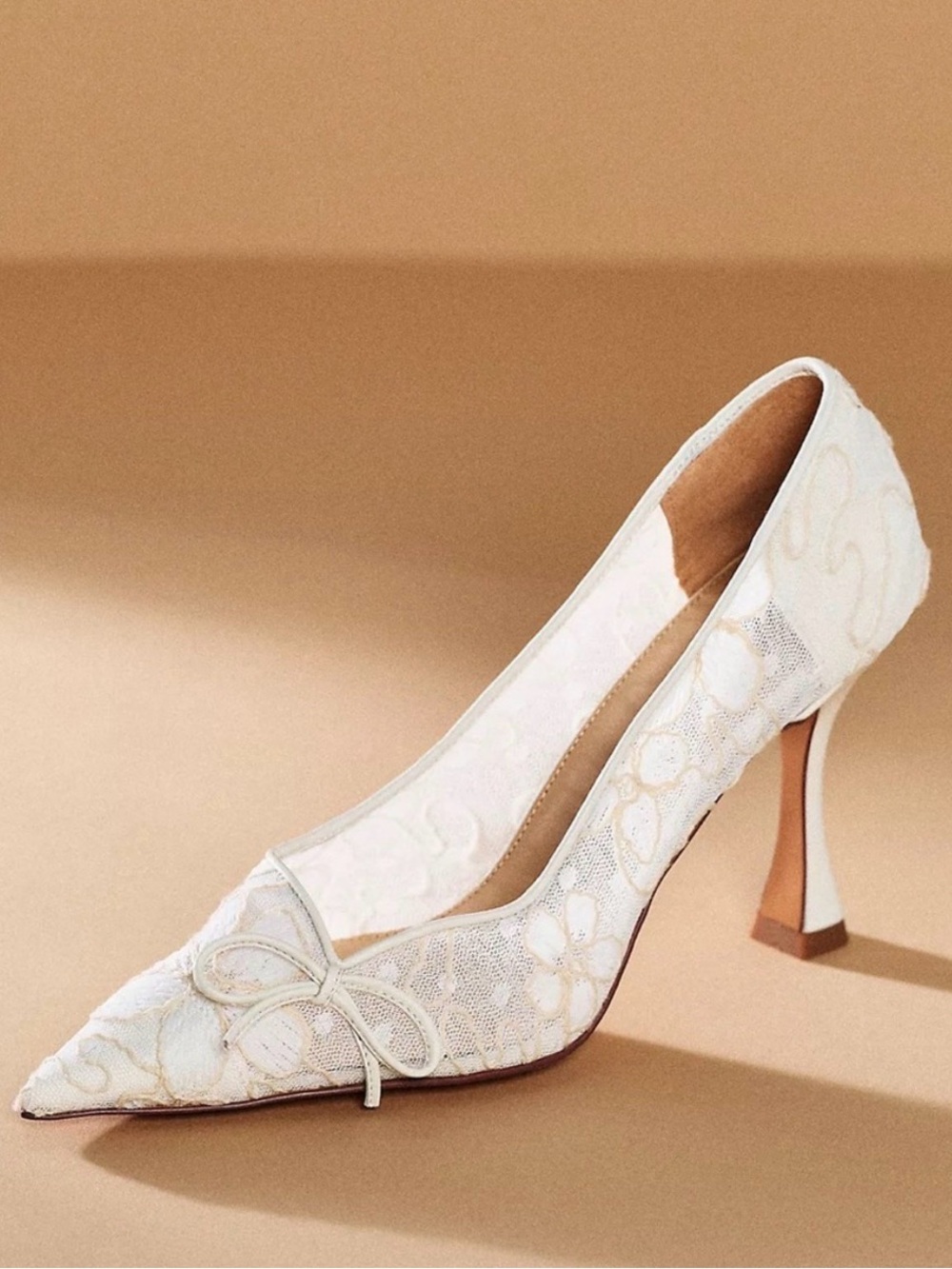 White Lace Pointed-Toe Heels with Bow Accent